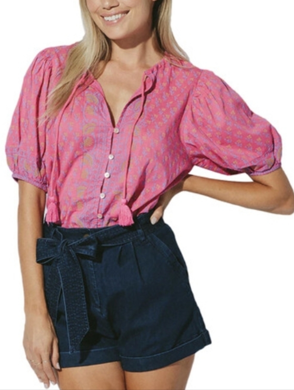 Cleobella Amari Puff-Sleeve Button-Front Blouse Pink Pattern 100% Organic Cotton